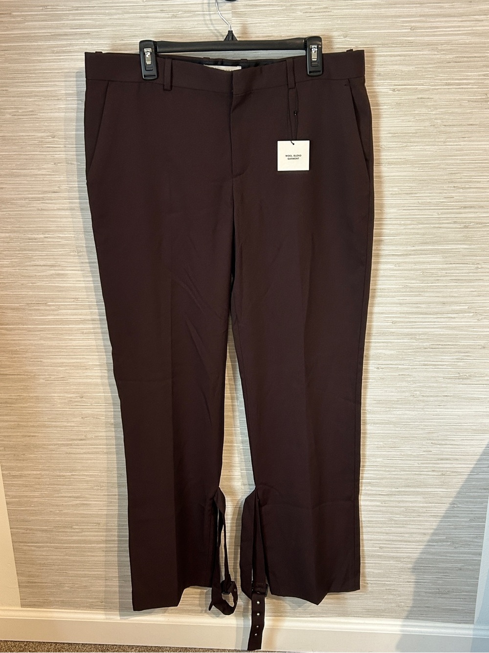 Zara Women’s XL NWT Wool Blend Straight Leg Trouser Dark Brown Buckle Hem
